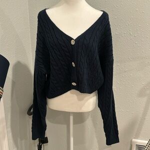 Ronny Kobo Collection Phyllis Cardigan Sweater Navy Blue Cable Knit Size Medium
